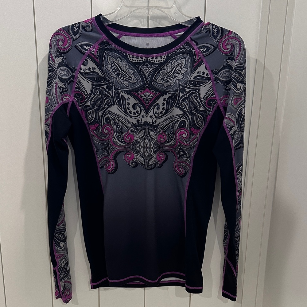 Athleta Black and Purple Paisley Long Sleeve Top